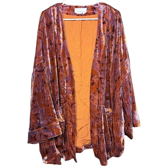 Anthropologie Sweaters - Anthropologie Velvet Kimono Cardigan XL Orange Purple Floral Open Boho Oversized